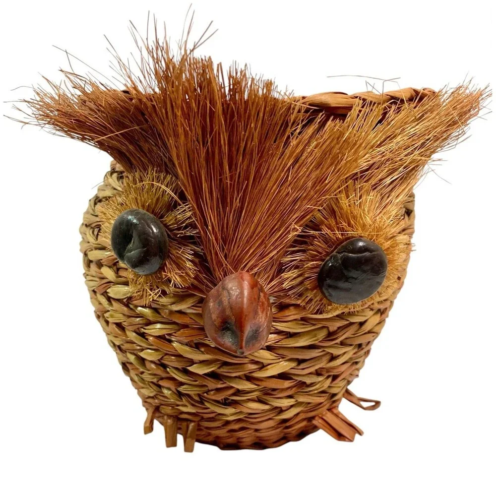 Vintage Wicker Rattan OWL  Basket Planter 6